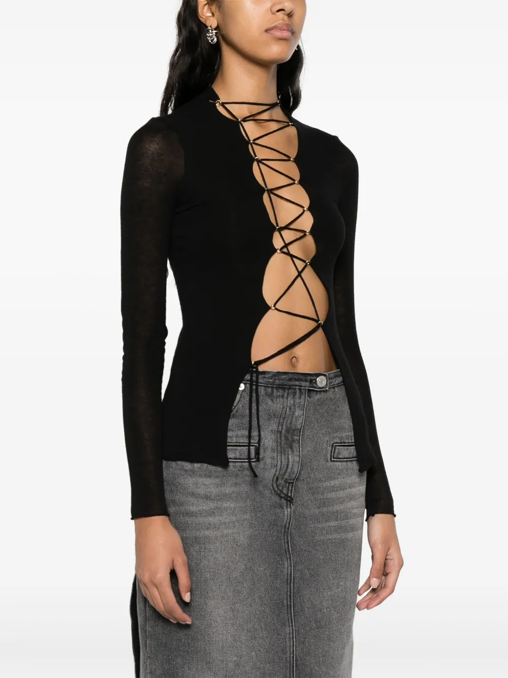 Shop Manurí Lace-up Mélange Top In Black