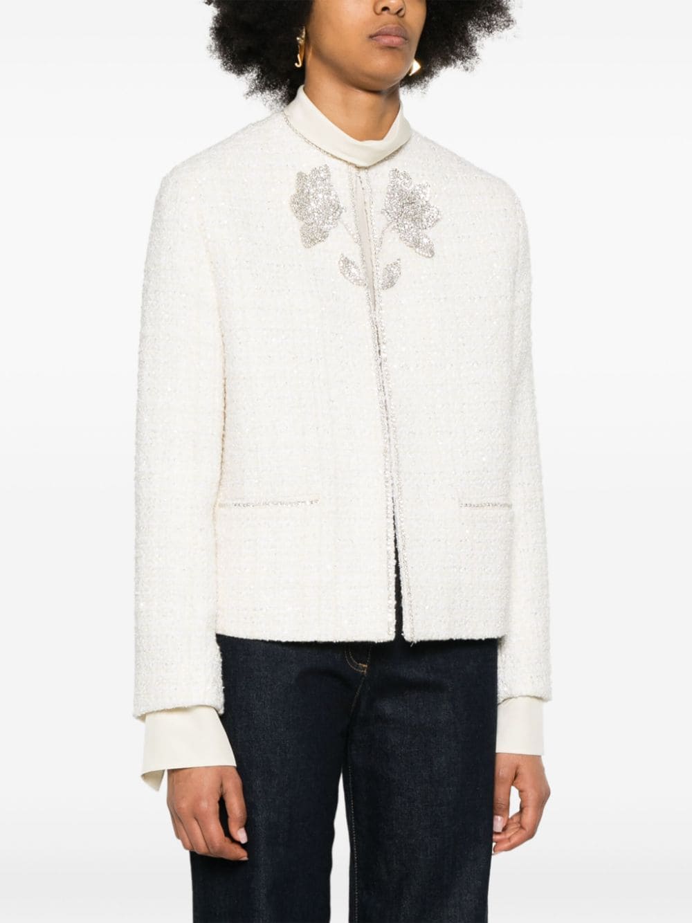 Shop Valentino Floral-appliqué Tweed Jacket In White