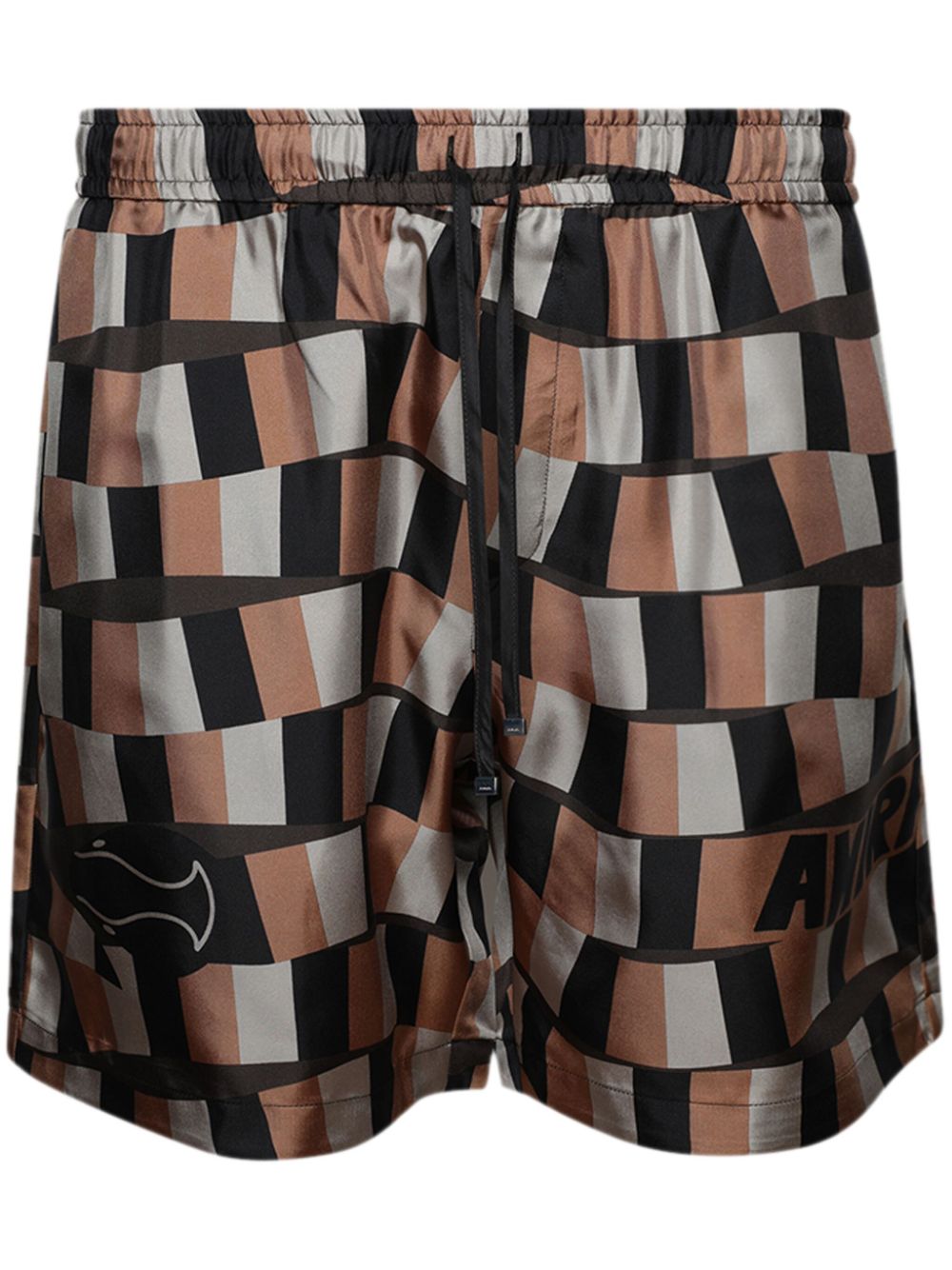 Shop Amiri Snake Checker Silk Shorts In Grey