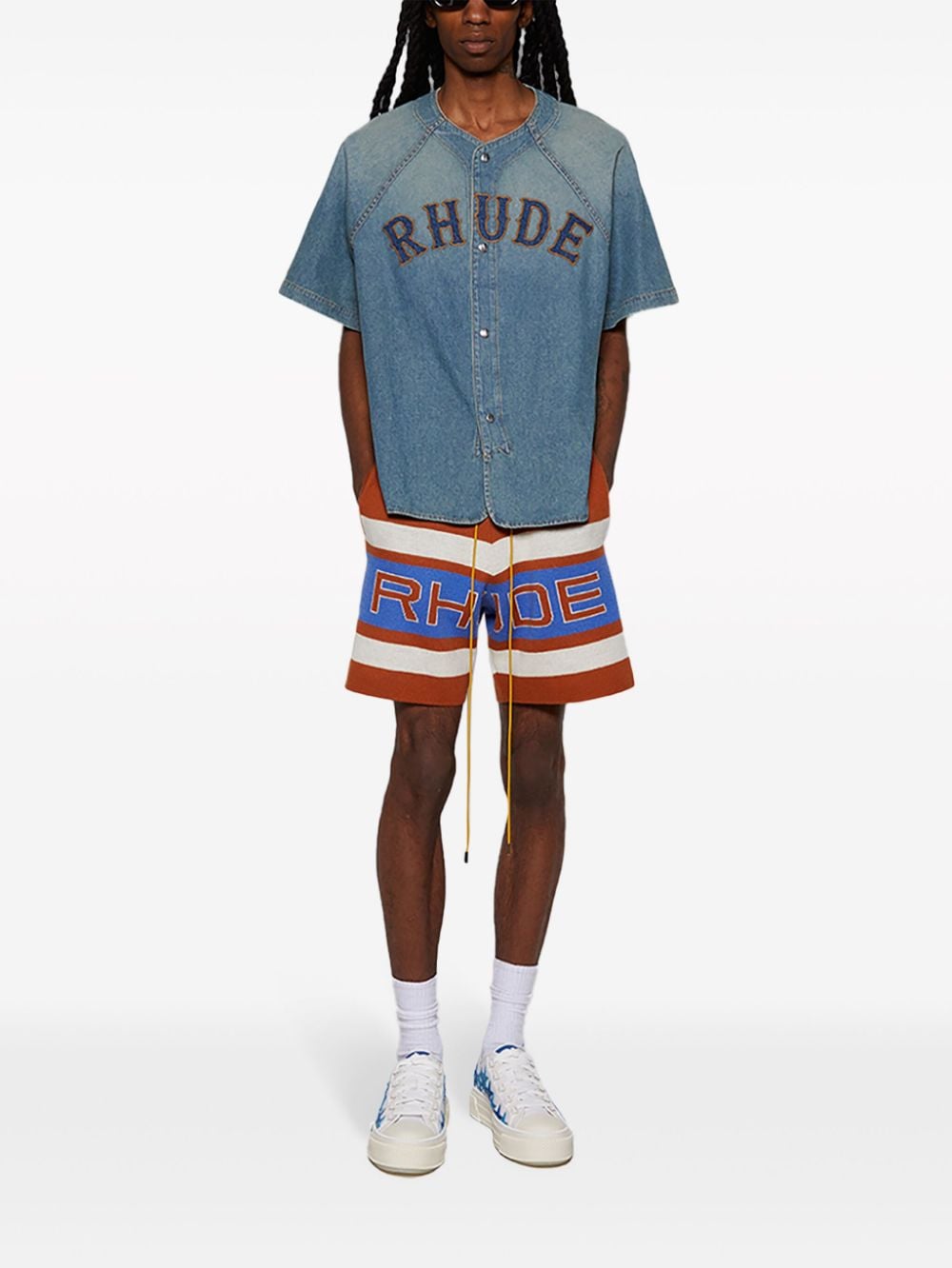 Shop Rhude Baseball Denim Shirt In Blue