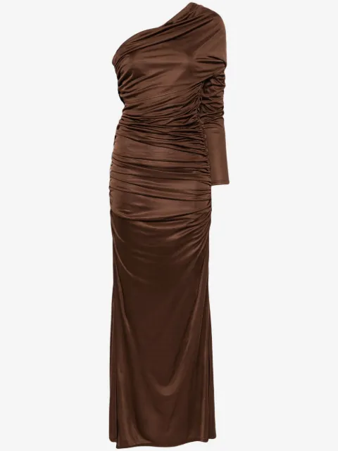 Atlein single-sleeve ruched gown