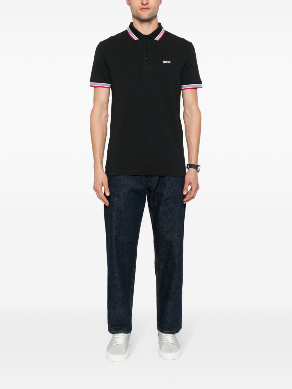 BOSS striped-trim piqué polo shirt - Zwart