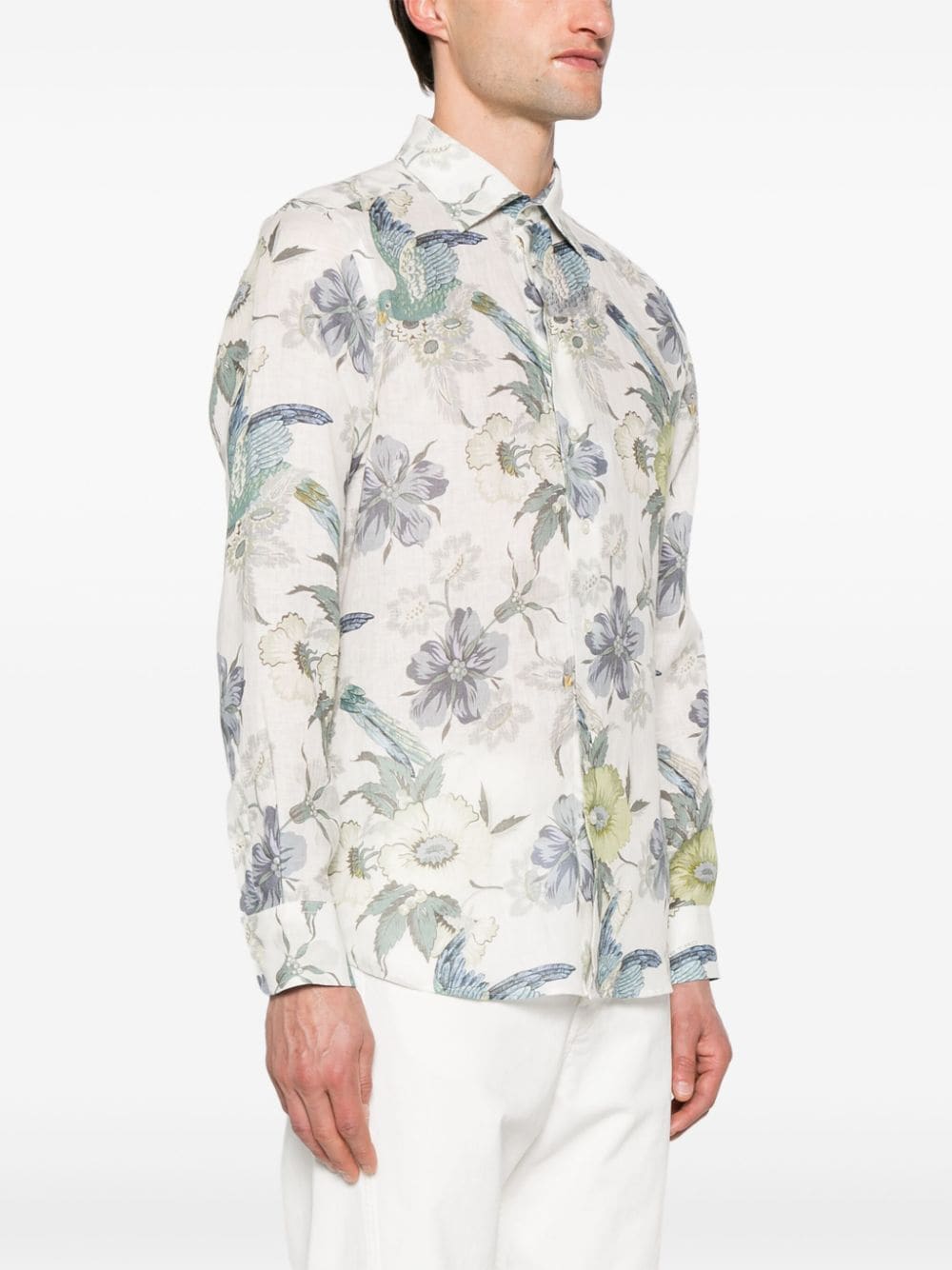 Shop Etro Floral-print Linen Shirt In Neutrals