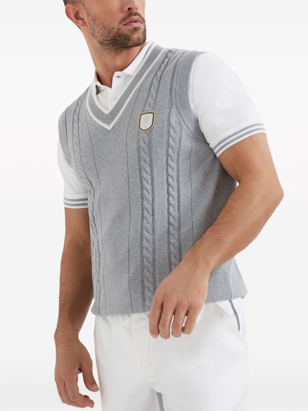 Shop Brunello Cucinelli Logo-patch Cable-knit Vest In Grey