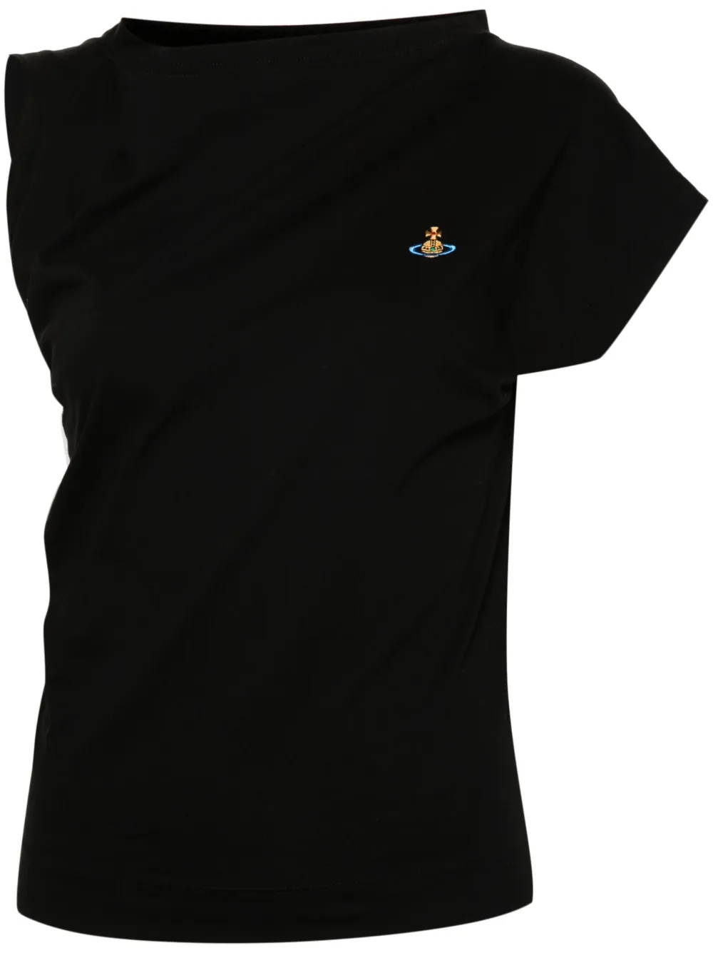 Vivienne Westwood 'hebo' Black T-shirt With Asymmetric Ruched Short Sleeves And Orb Logo On The Front In Black
