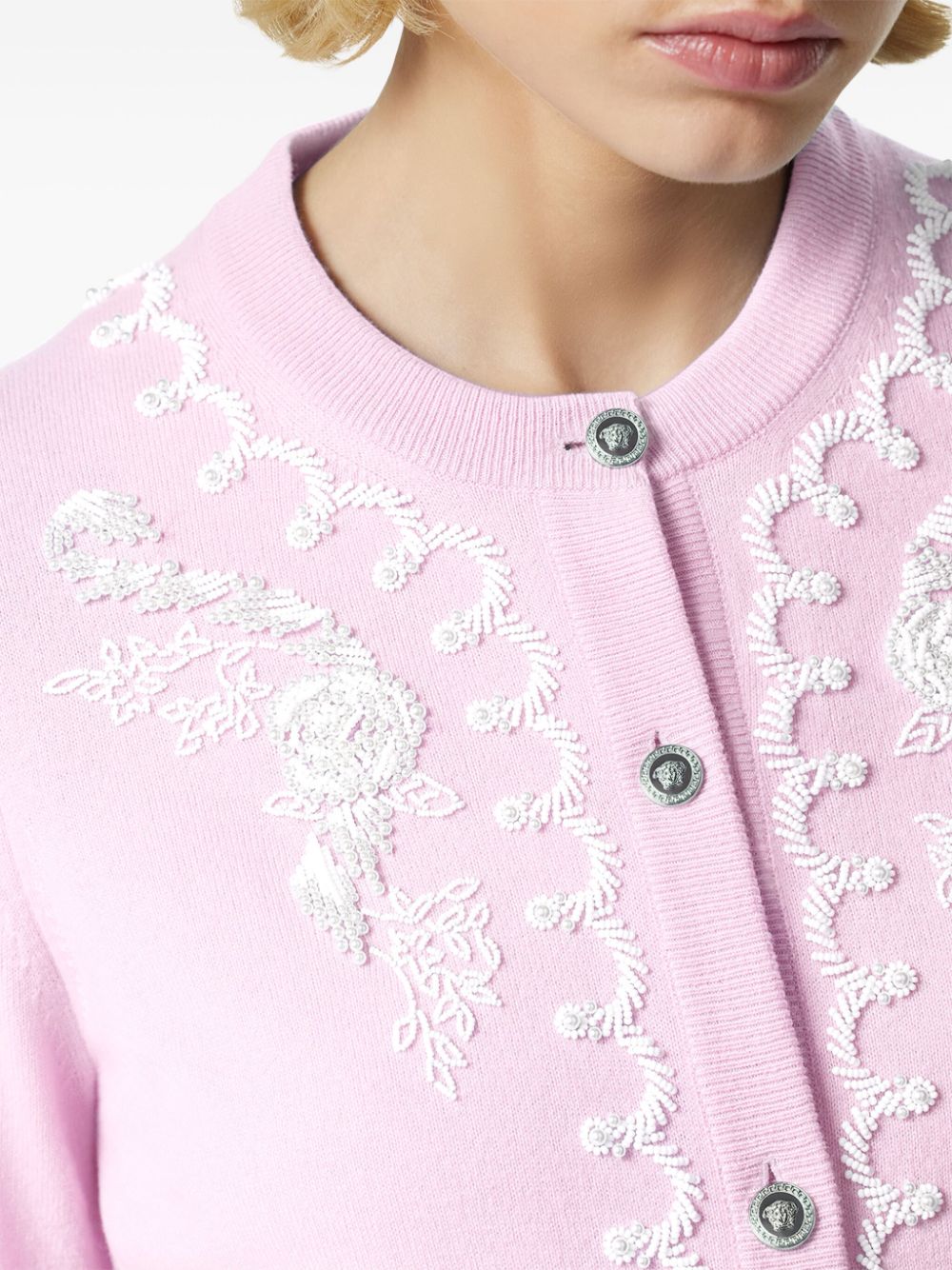 Shop Versace Bead-embellished Knit Cardigan In Pink