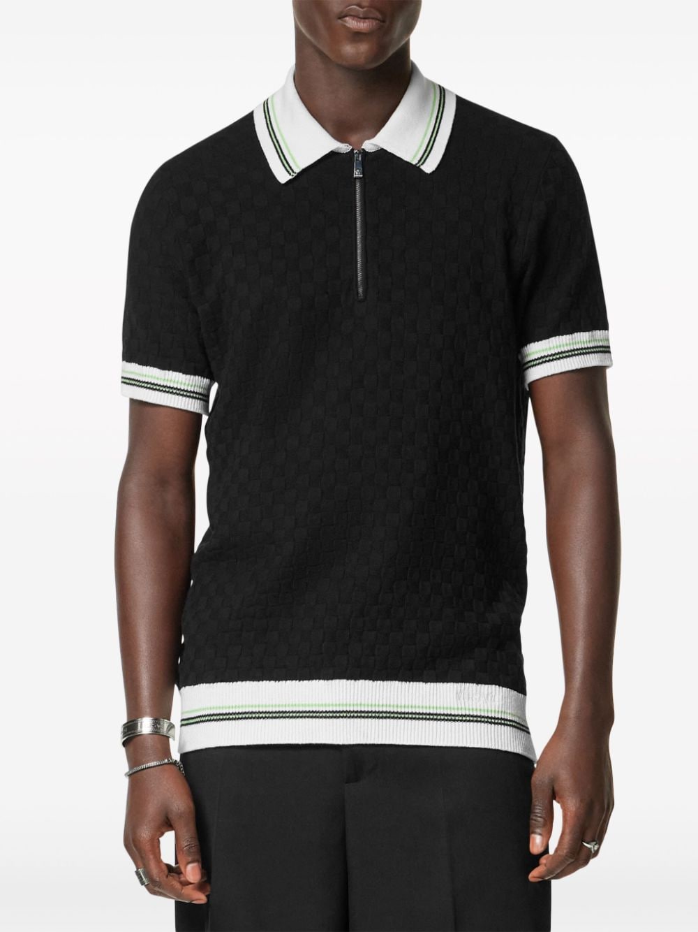 Shop Versace Zip-front Knit Polo Top In Schwarz