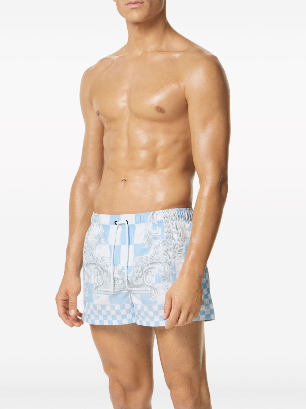 Shop Versace Baroque-print Checked Swim Shorts In Blue