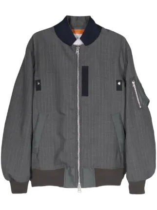 Sacai Pinstriped baseball collar Bomber Jacket Grey FARFETCH IE