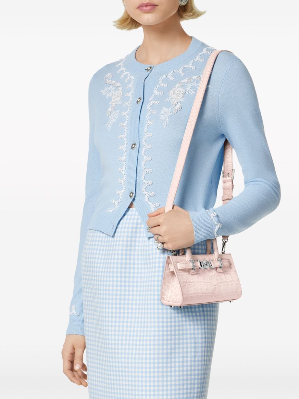 Shop Versace Mini Crocodile-embossed Leather Tote Bag In Pink