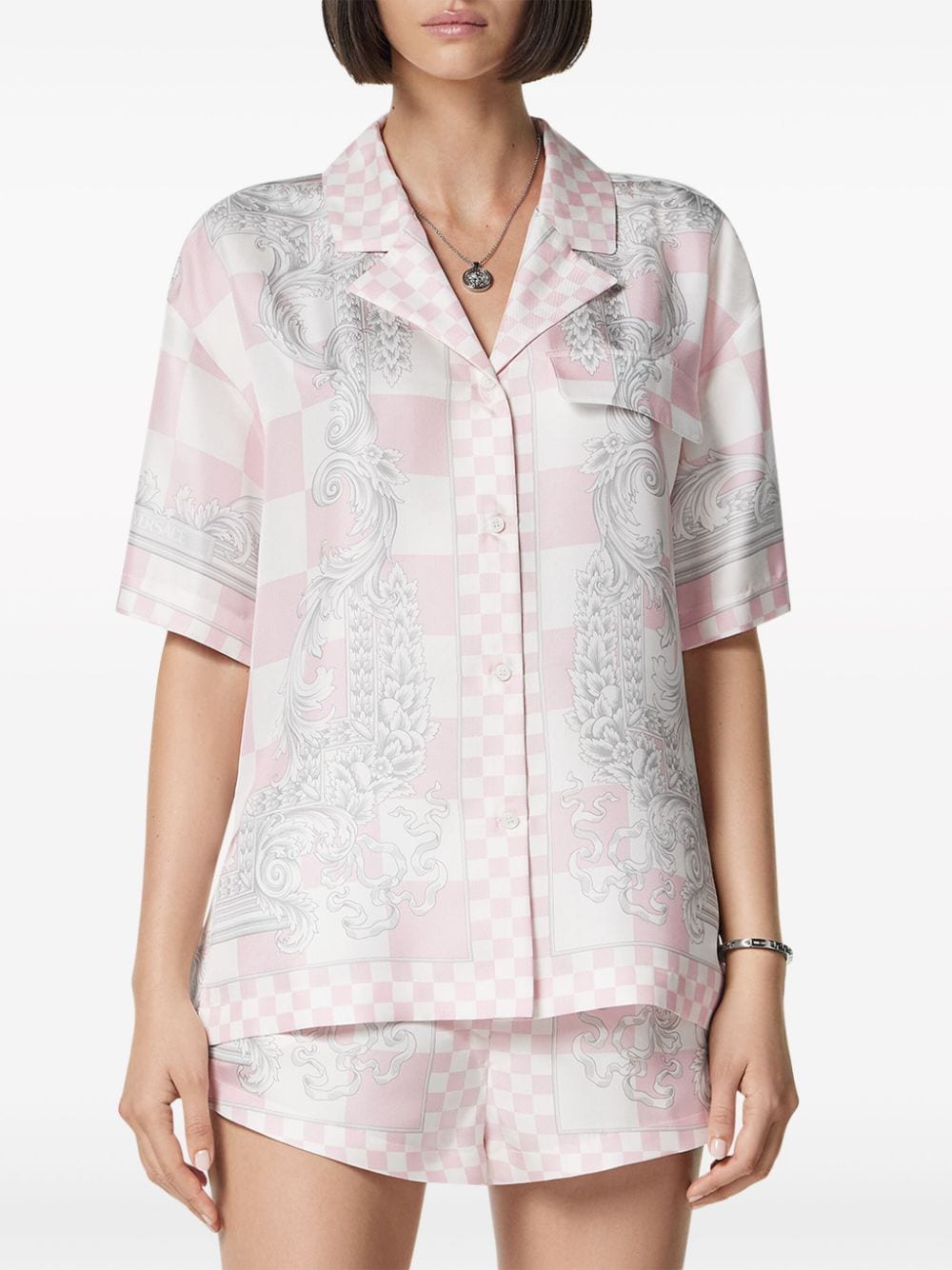 Shop Versace Barocco-print Checked Silk Shirt In Pink
