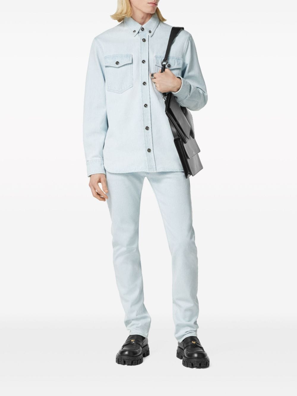 Shop Versace Medusa-buttoned Denim Shirt In Blue