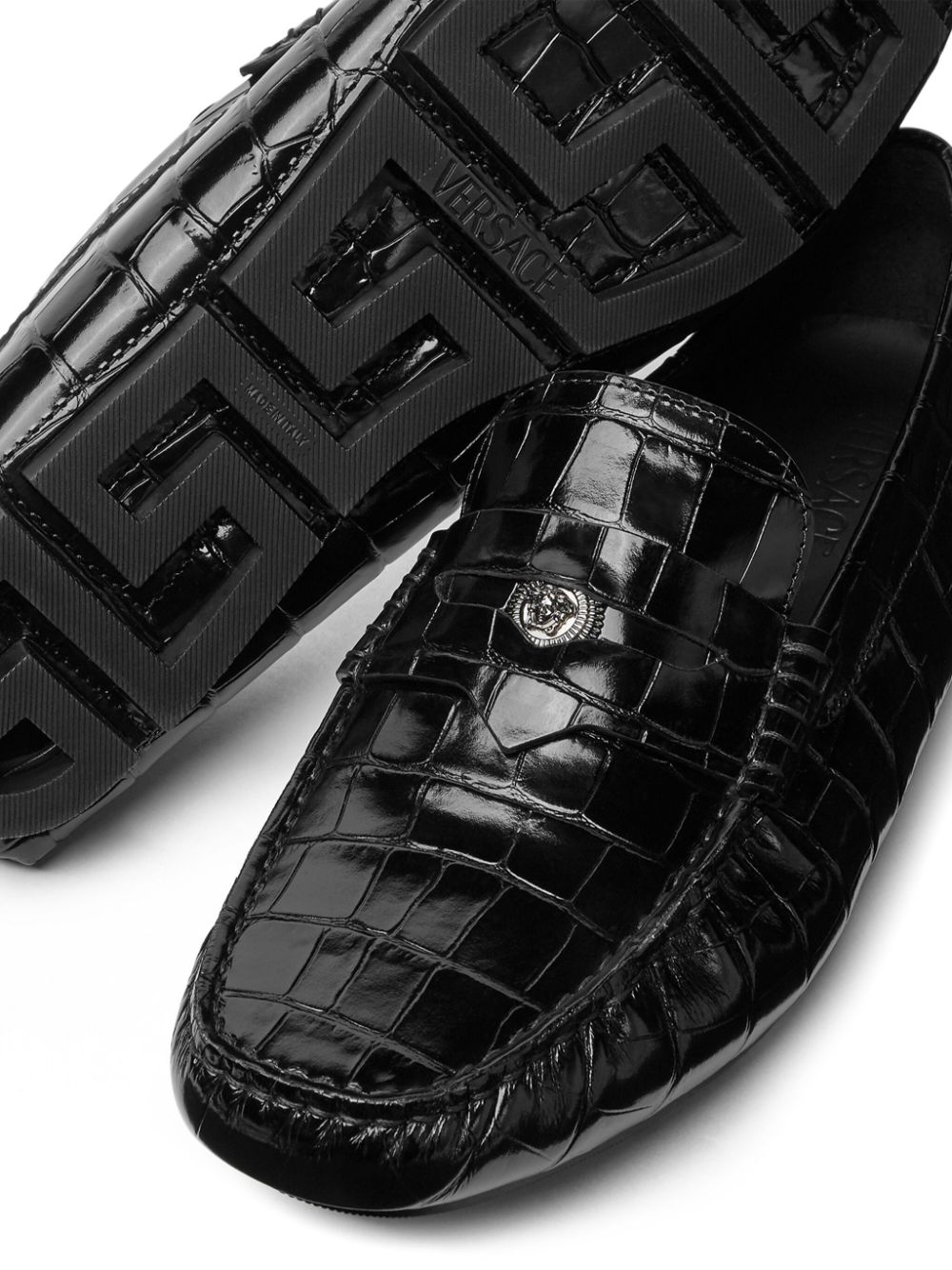 Shop Versace Medusa Crocodile-effect Loafers In Black