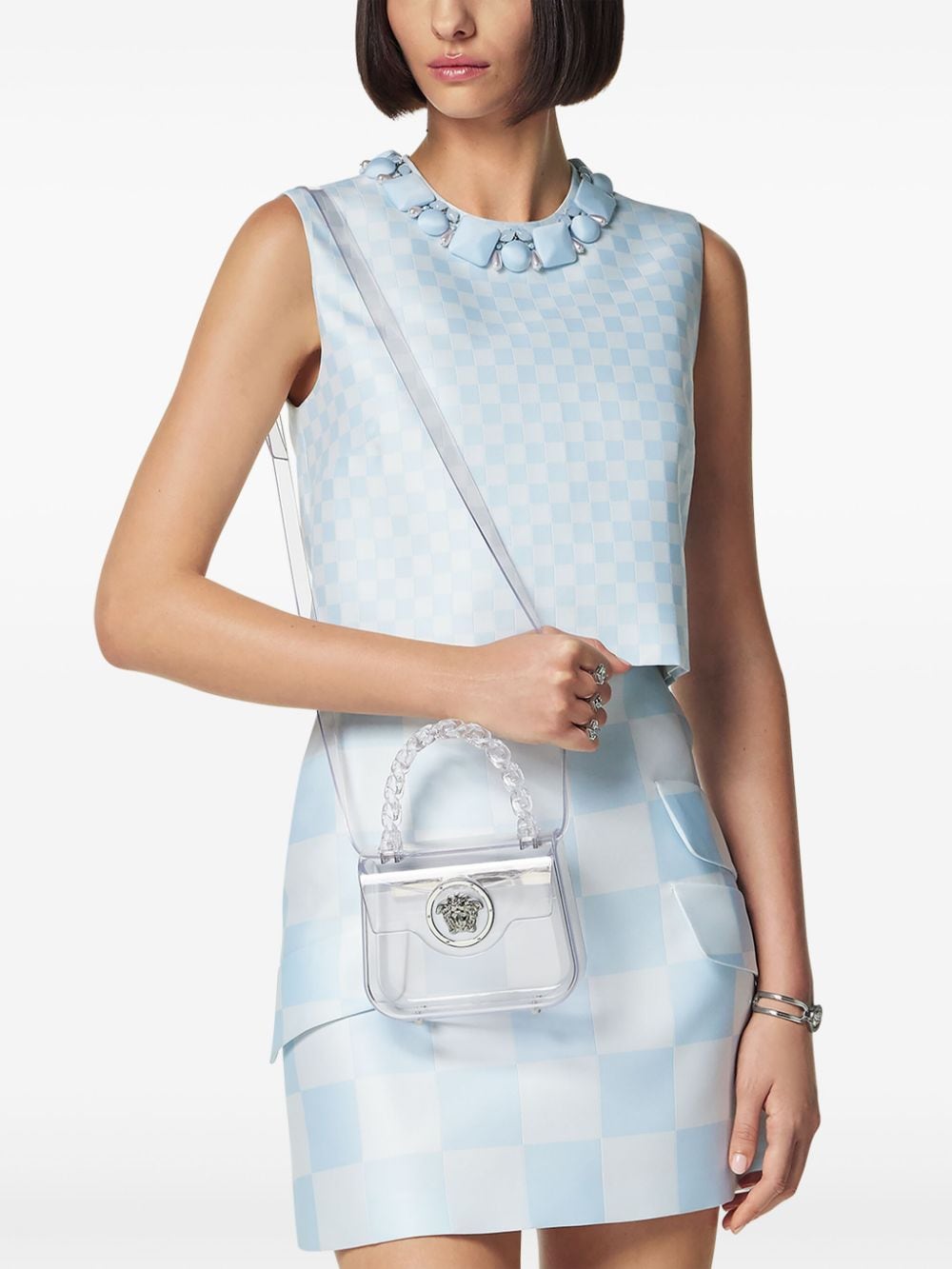Shop Versace La Medusa Transparent Mini Bag In White