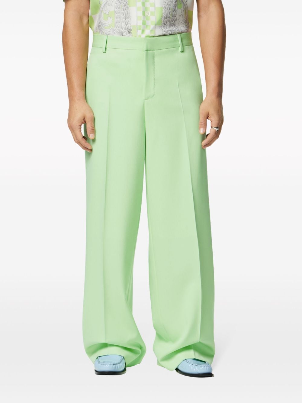 Shop Versace Logo-appliqué Wide-leg Trousers In Green
