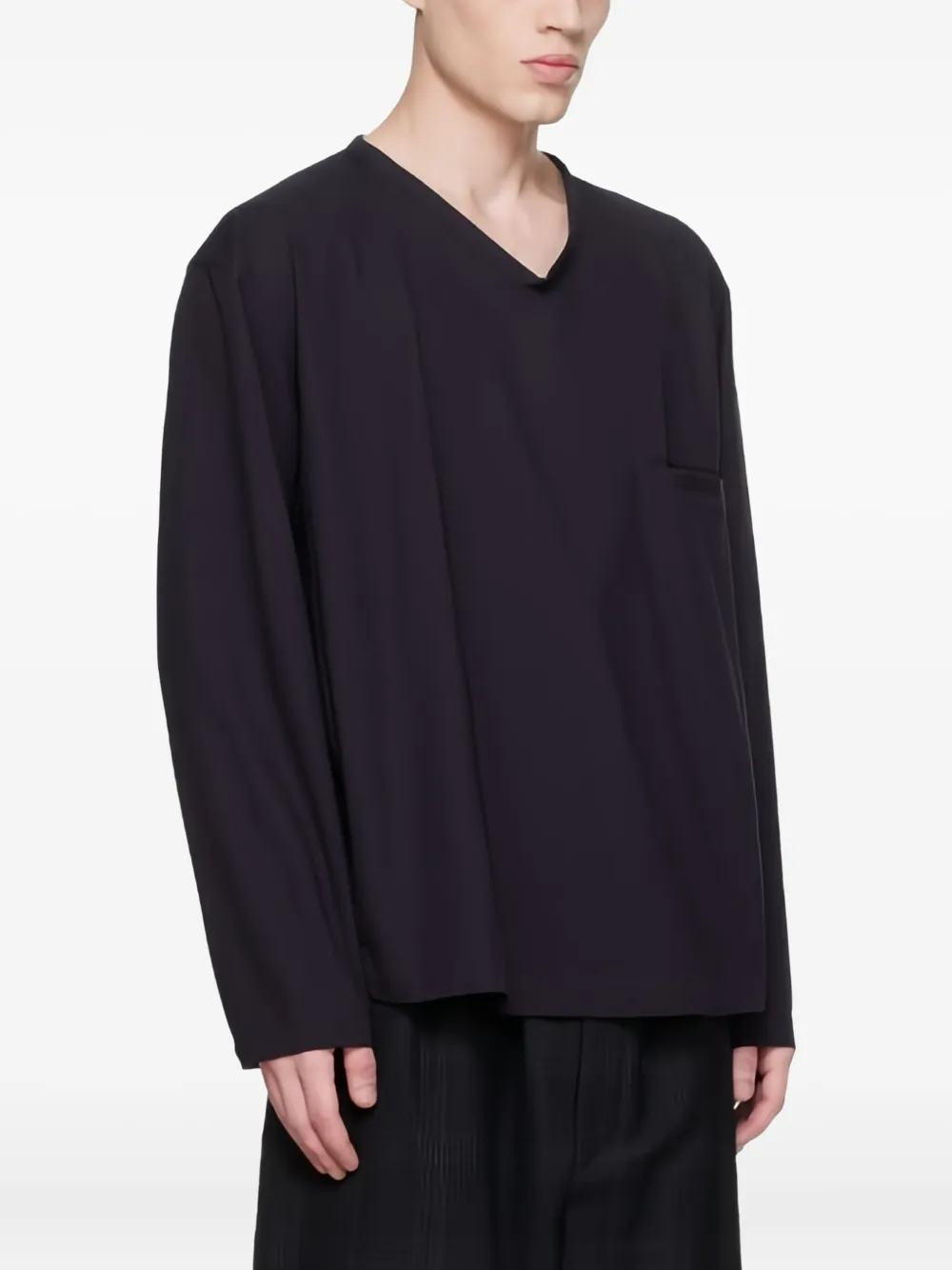 Lemaire Navy V-neck Long Sleeve T-shirt In Blue