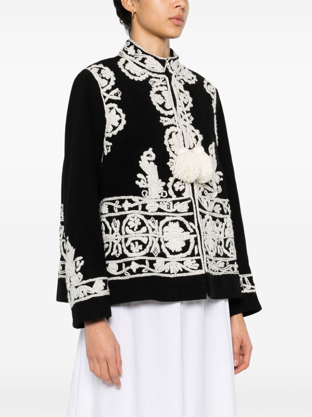 Shop Bode Estate Embroidered Wool Silk Jacket In Black