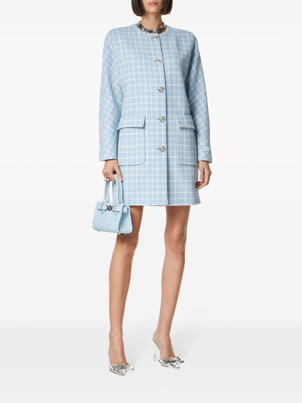 Shop Versace Logo-appliqué Checked Coat In Blue