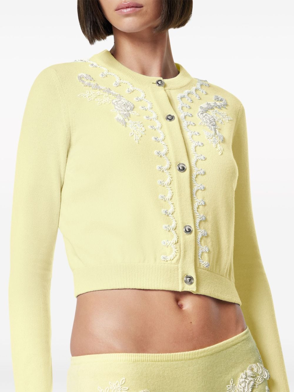 Shop Versace Bead-embellished Knit Cardigan In Gelb