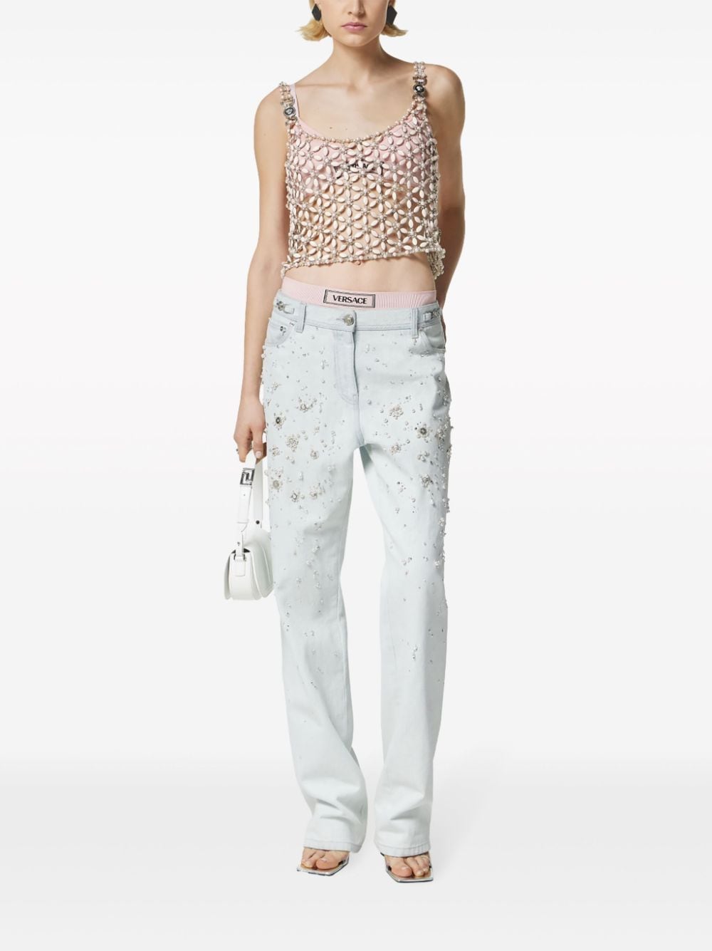 Shop Versace Embellished Straight-leg Jeans In Blue