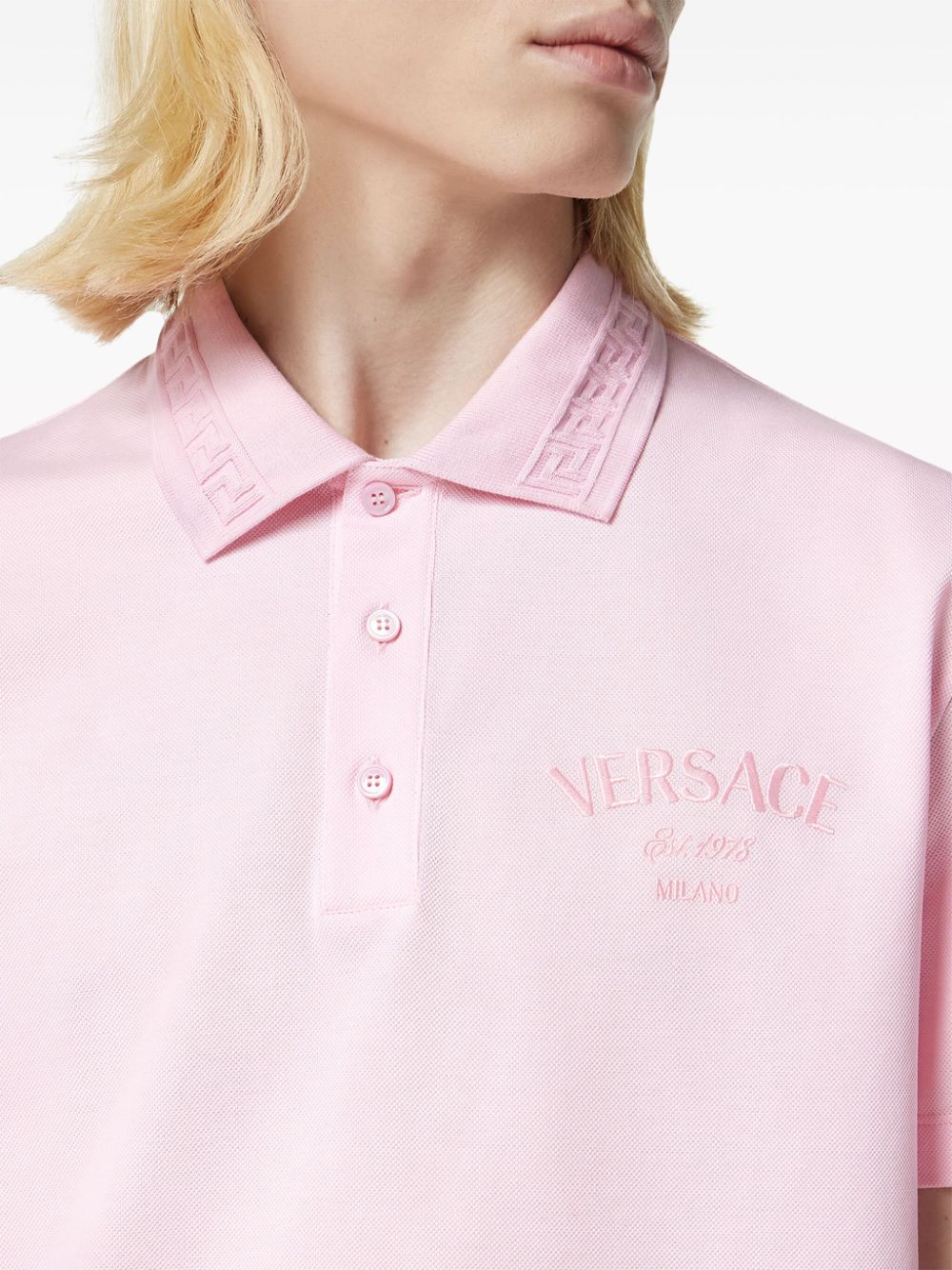 Shop Versace Logo-embroidered Polo Shirt In Rosa