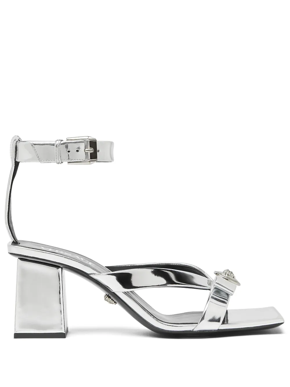 Shop Versace Medusa Head Metallic Leather Sandals In Silver