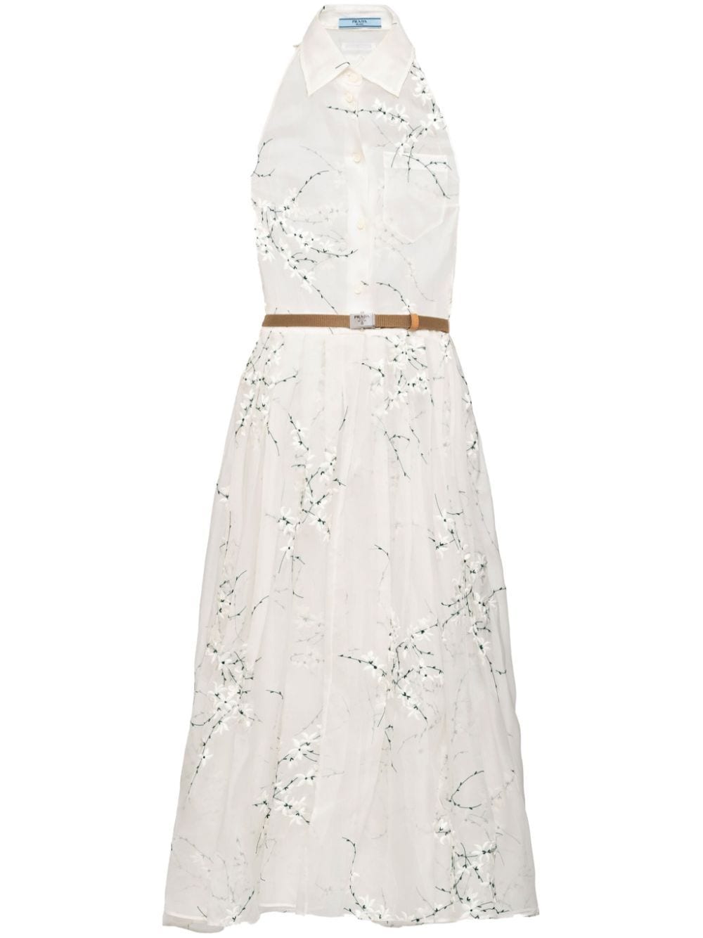 Shop Prada Floral-embroidered Silk Midi Dress In White