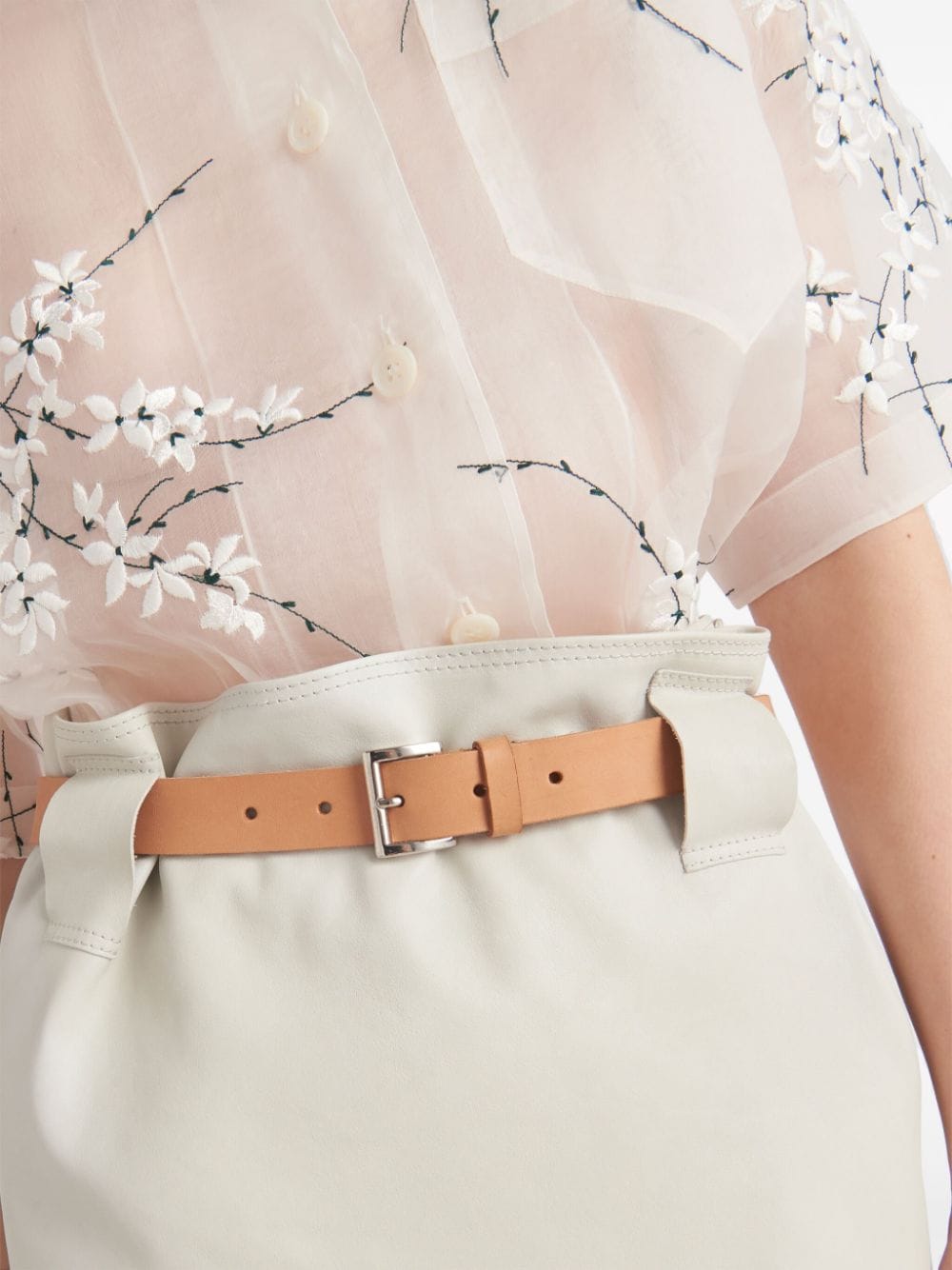Shop Prada Belted Leather Midi Skirt In Neutrals
