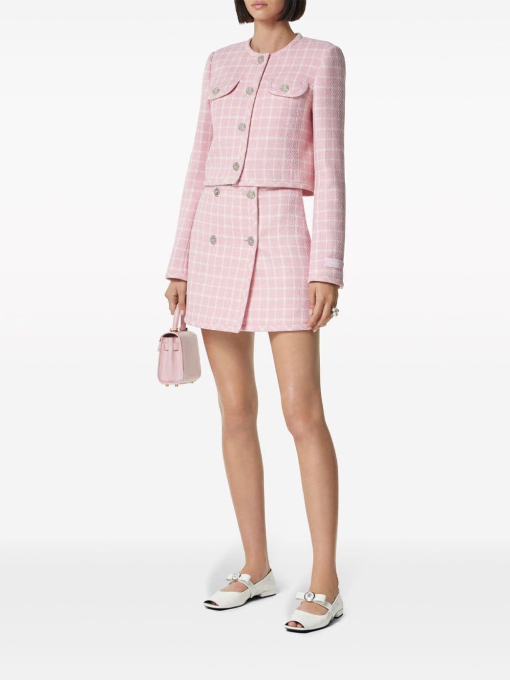 Shop Versace Medusa Head-buttons Checked Cropped Jacket In Pink