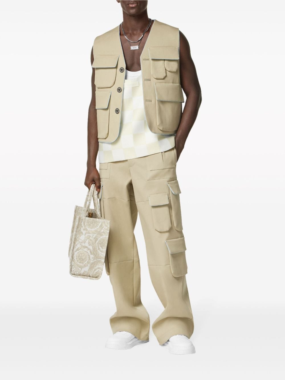 Shop Versace Bonded Gabardine Cargo Vest In Neutrals