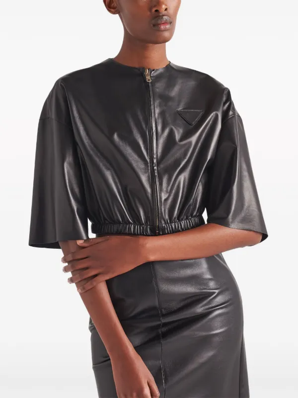 Prada Cropped Leather Bomber Jacket | Black | FARFETCH