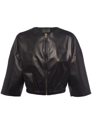 Cropped leather hot sale bomber jacket