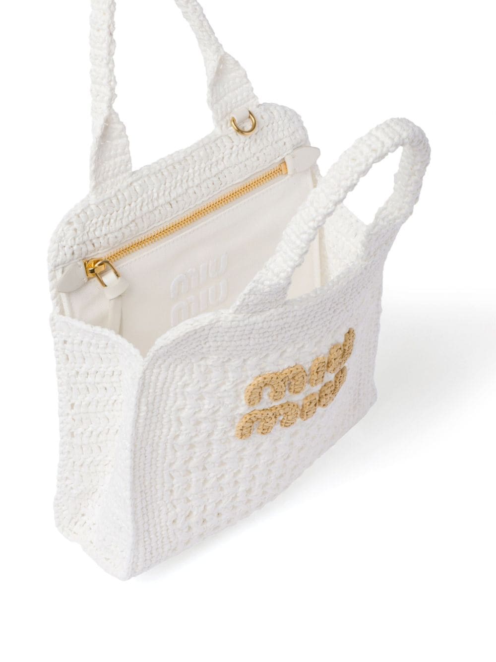Shop Miu Miu Crochet Raffia Tote Bag In White