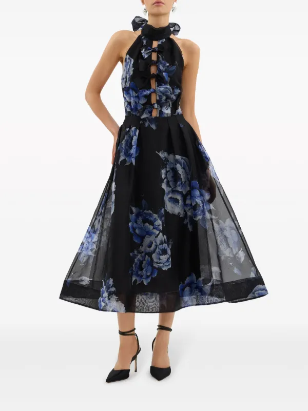 REBECCA VALLANCE ワンピース Yvonne floral-applique 852735 Yvonne floral-appliqué crepe midi dress in black - Rebecca