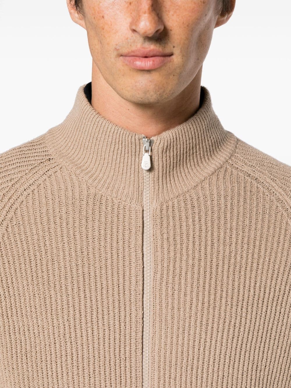 Shop Brunello Cucinelli Ribbed-knit Zipped-up Cardigan In Brown