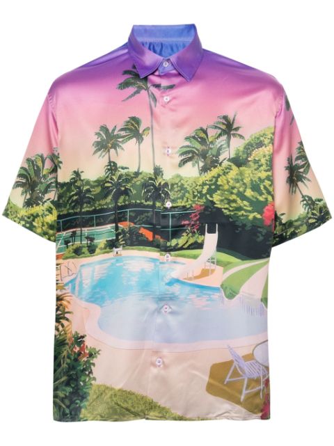 Family First pool-print bowling shirt