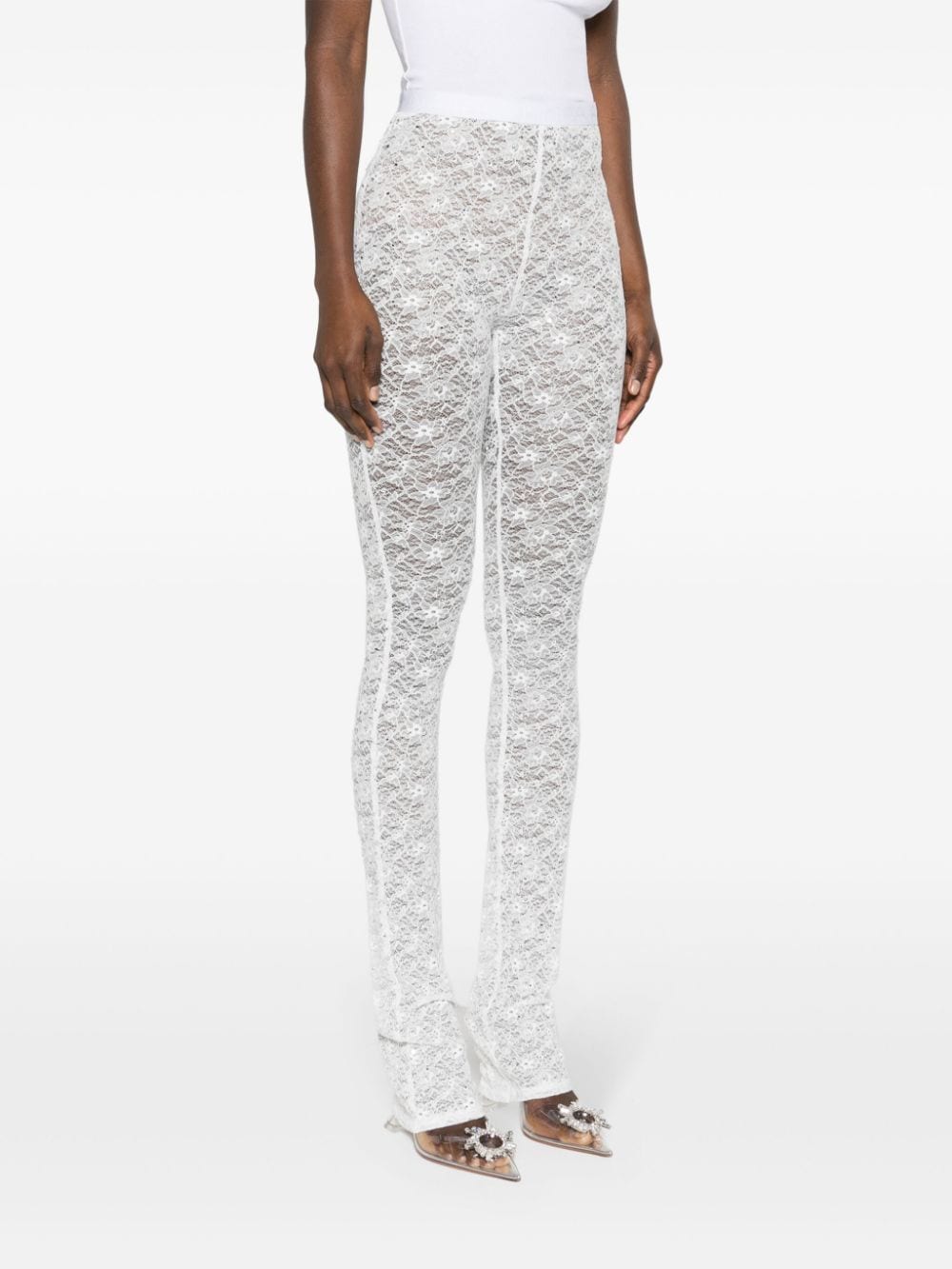 Shop Alessandra Rich Floral-lace Semi-sheer Leggings In White