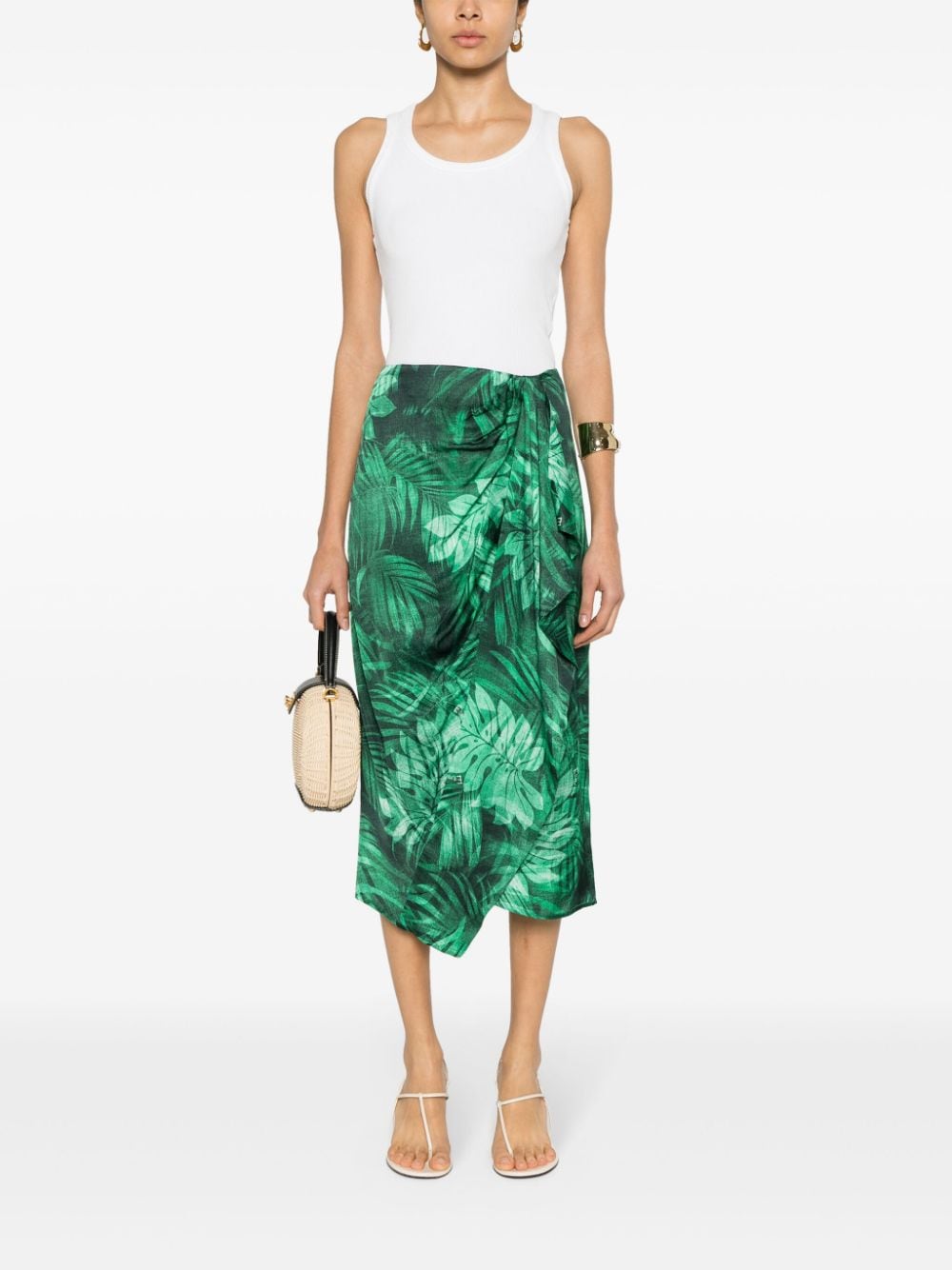 Shop Ermanno Firenze Draped Leaf-print Skirt In Green