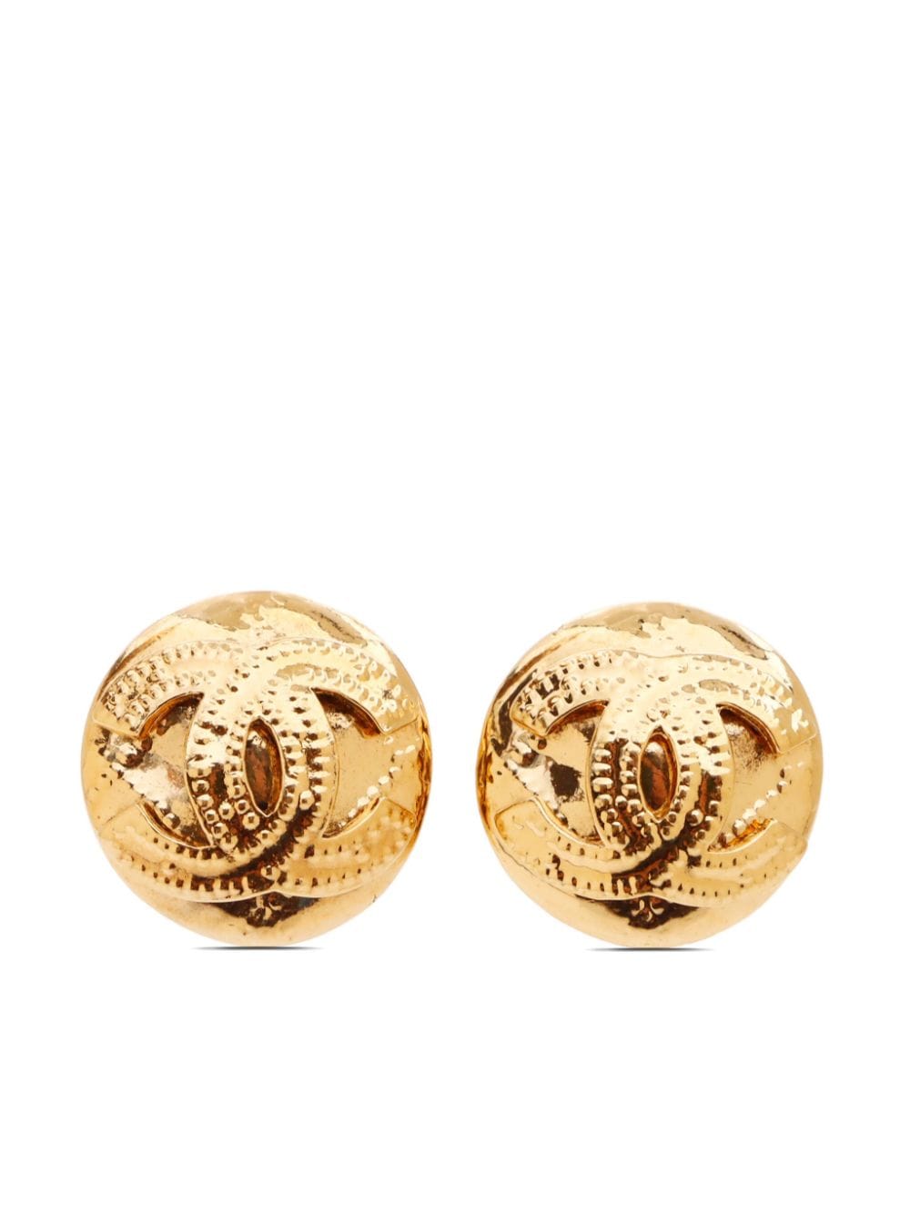 Pre-owned Chanel 1994 Cc-embossed Button Clip-on Earrings In Gold