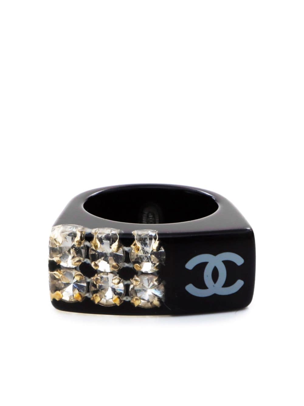 Pre-owned Chanel Cc-stamped Rhinestone-embellished Ring In Black