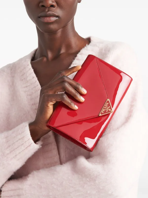 Prada triangle logo Patent Leather Clutch Bag Red FARFETCH CH