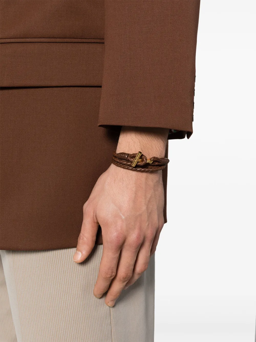 Shop Tom Ford Braided-band Leather Bracelet In Brown