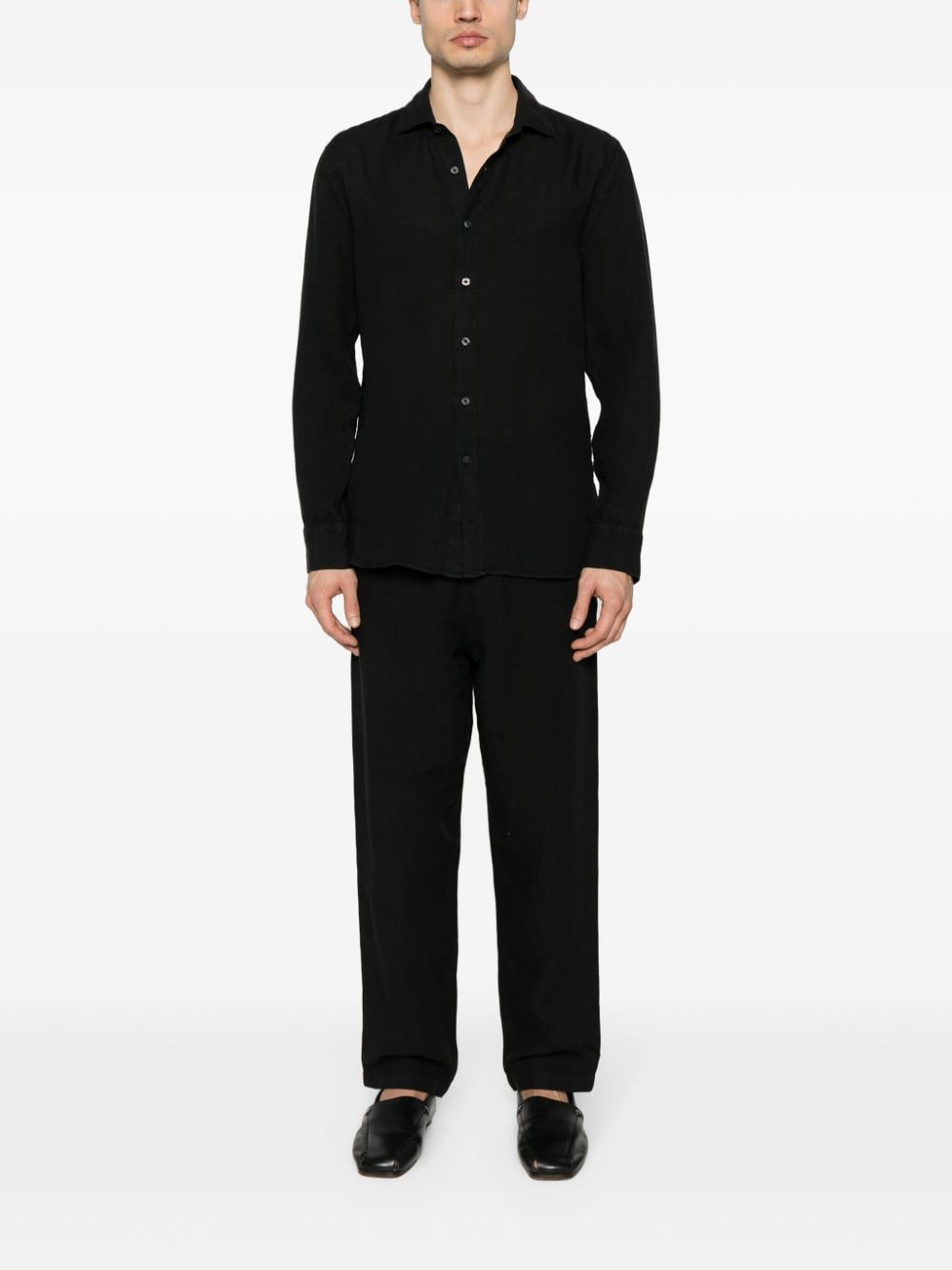 Shop 120% Lino Long-sleeves Linen Shirt In Black