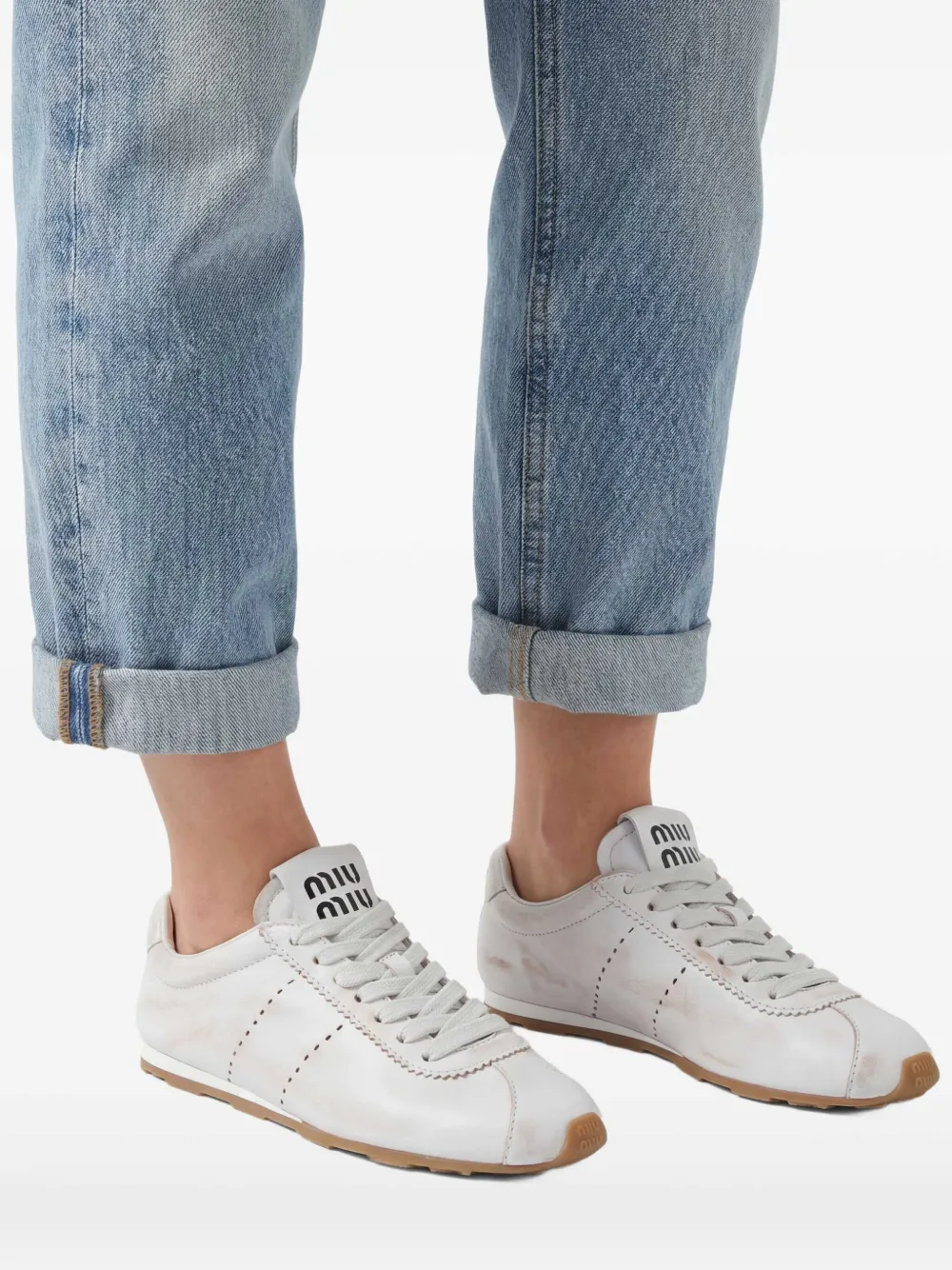 Miu Miu Bleached Leather Sneakers in White, view 2