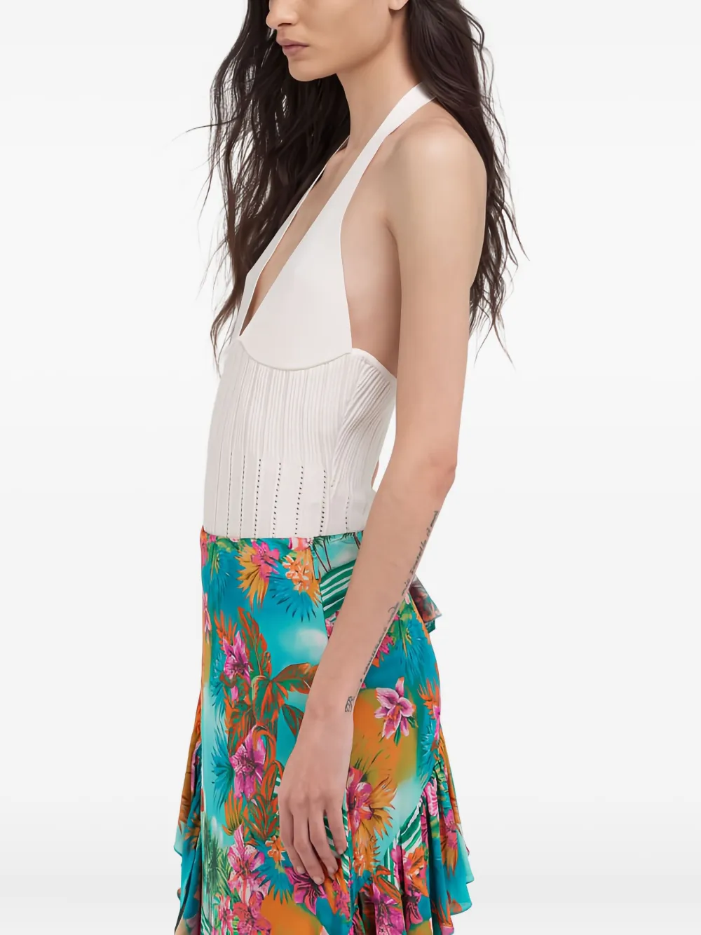 Roberto Cavalli Halterneck Ribbed Top In White