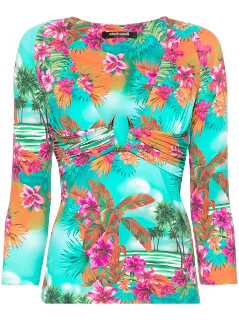 Roberto Cavalli Hawaii-print V-neck top