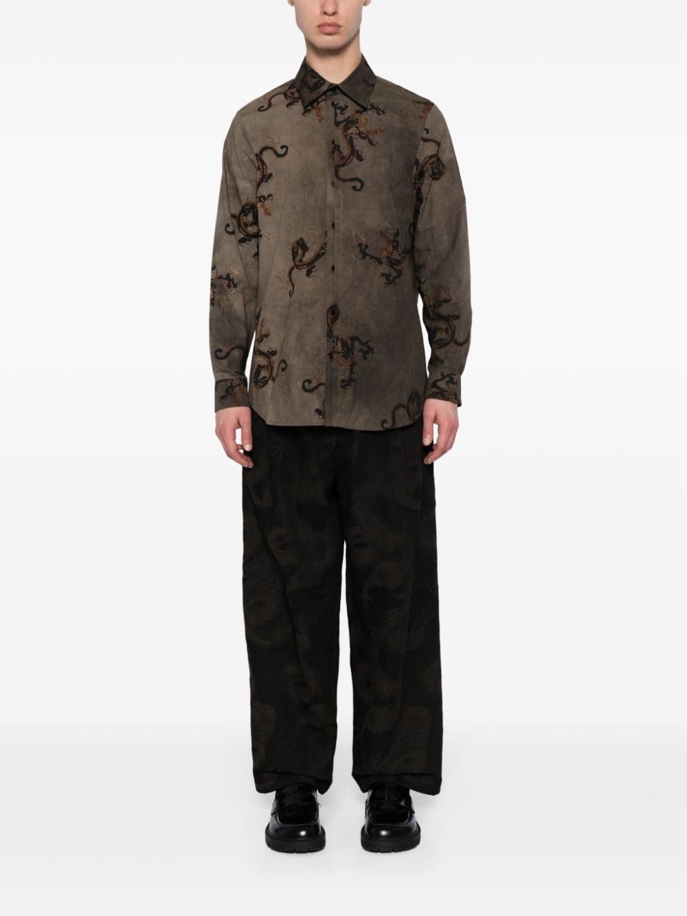 Uma Wang dragon-print long-sleeved shirt - Groen