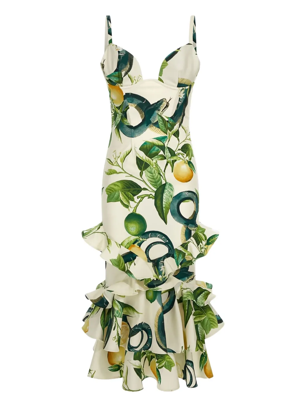 Roberto Cavalli Snake-print Ruffled Midi Dress In White