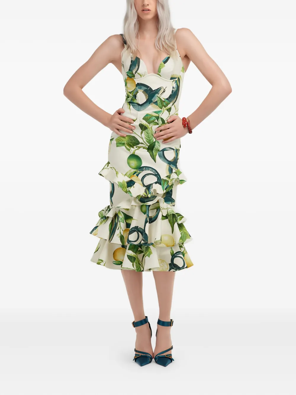 Roberto Cavalli snake-print ruffled midi dress - Beige
