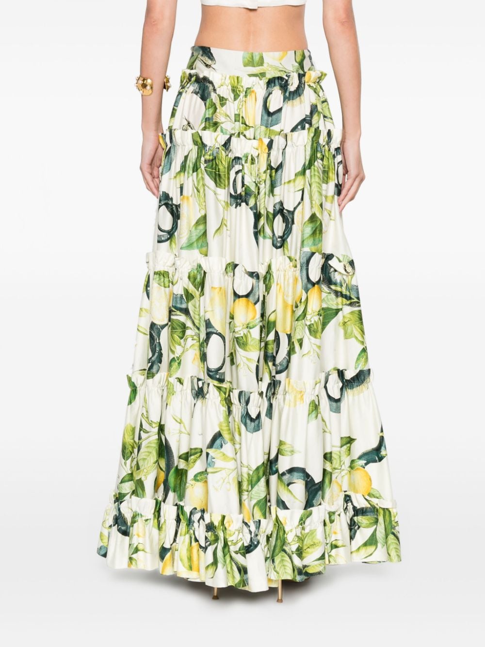 Shop Roberto Cavalli Lemon-print Maxi Full Skirt In Neutrals